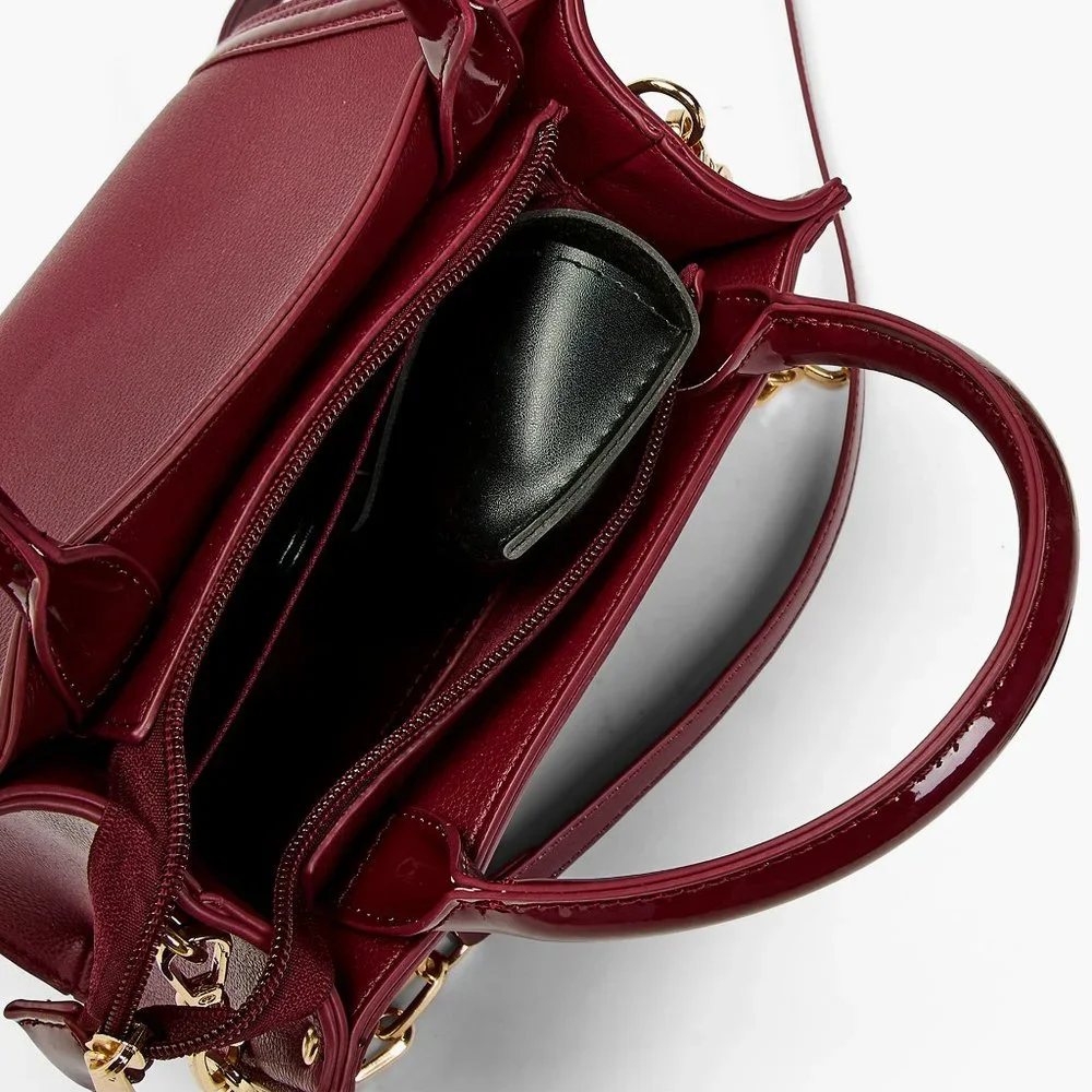 Burgundy Vegan Leather Chain Handle Satchel – Chic Structured Crossbody Purse